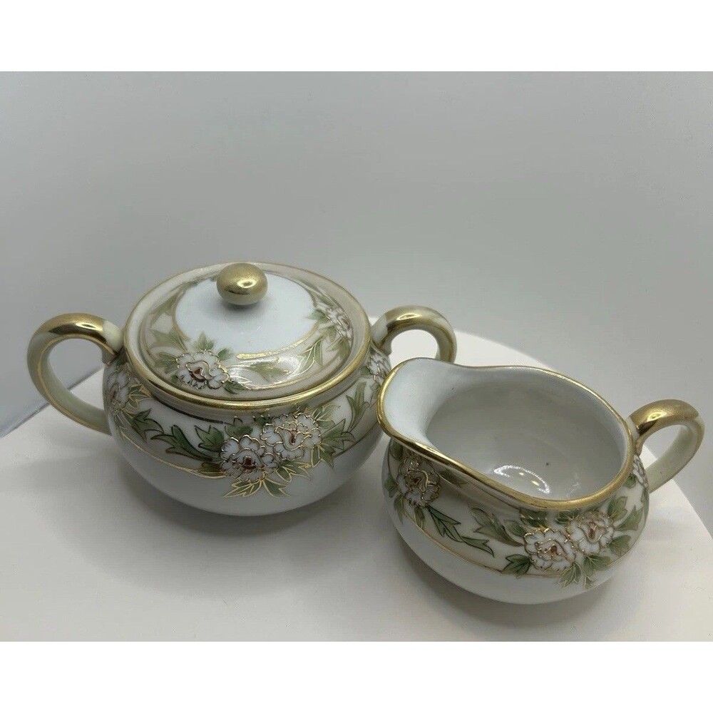 Nippon Floral Hand Painted Porcelain Creamer & Sugar Set W/Lid Vintage